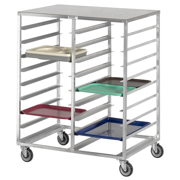 A Channel metal tray rack with several trays on it.