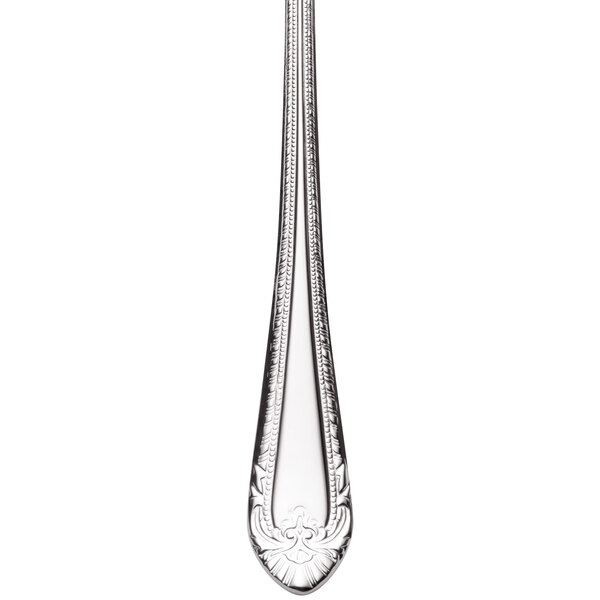 A Reed & Barton stainless steel iced tea spoon with a design on the handle.