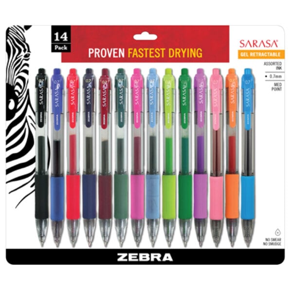 A box of Zebra Sarasa gel pens in assorted colors.