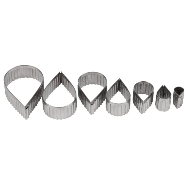 A set of six Ateco stainless steel fluted teardrop cookie cutters in different shapes.
