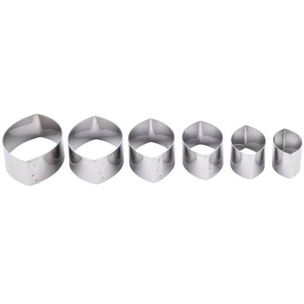 A row of six silver metal football shaped cutters with a white background.