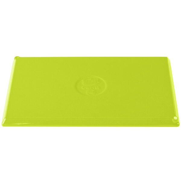 A lime green Tablecraft cast aluminum rectangular cooling platter with a logo on it.