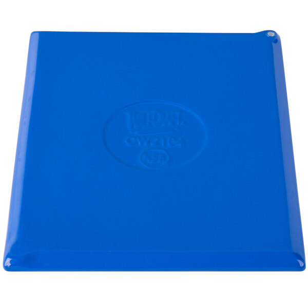 A cobalt blue rectangular metal surface with a logo on it.