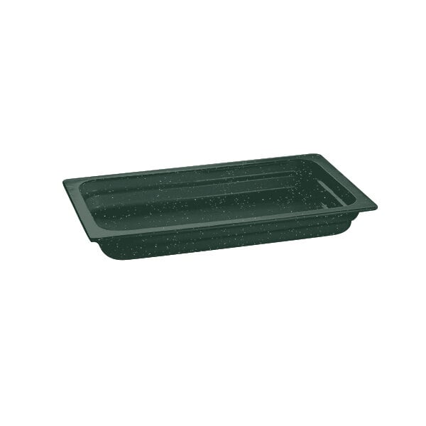 A Tablecraft hunter green cast aluminum food pan with white speckles on a counter.