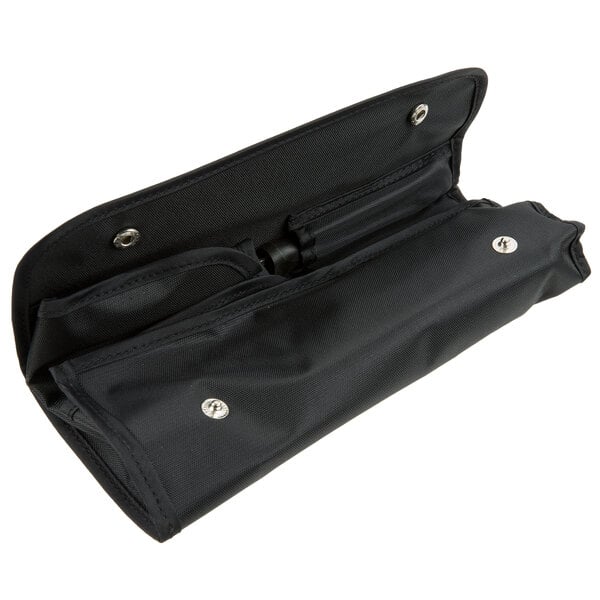 A black bag with two compartments and silver rivets.