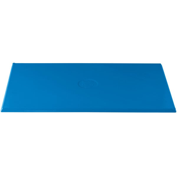 A sky blue rectangular Tablecraft cooling platter with a logo on it.