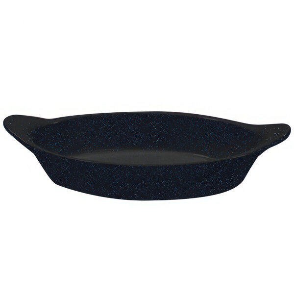 A black speckled Tablecraft oval server with shell handles.