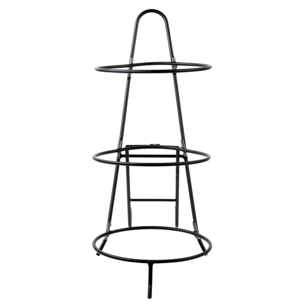 A black metal Clipper Mill 3-tier pizza stand.