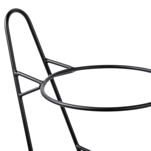 A black metal Clipper Mill 3-tier pizza stand with round rings.