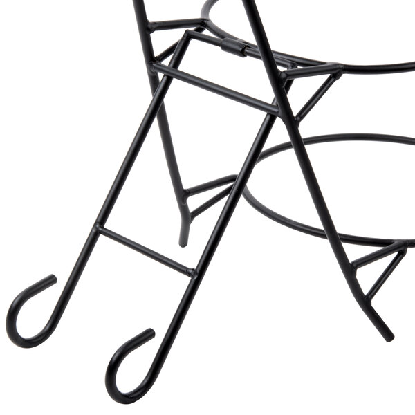 A black powder coated iron 3-tier pizza stand with two hooks.