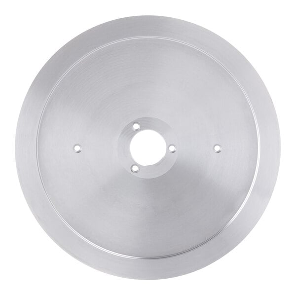 A silver metal circular blade with holes in it.