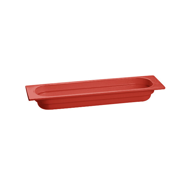 A red rectangular Tablecraft cast aluminum food pan.