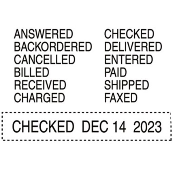 A close-up of a black Trodat self-inking stamp with the words "checked" and "paid" in black.