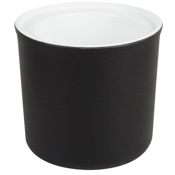 A black and white Carlisle cold crock with a lid.