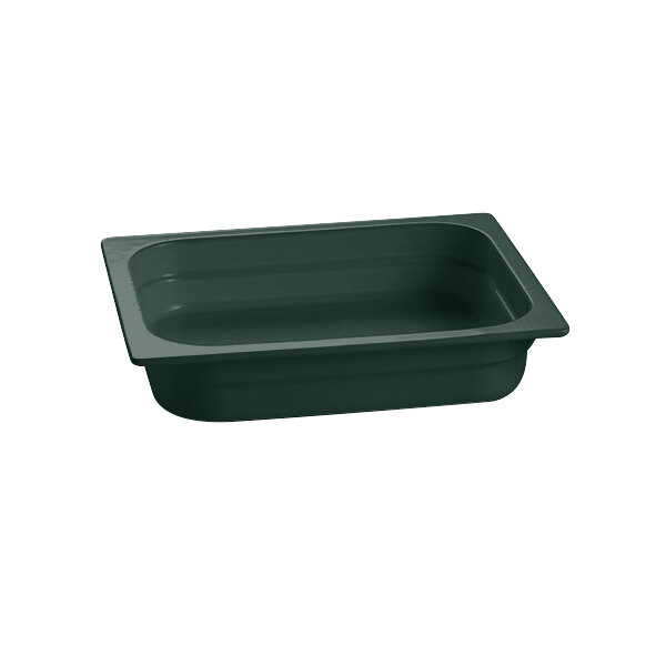 A hunter green rectangular cast aluminum food pan.