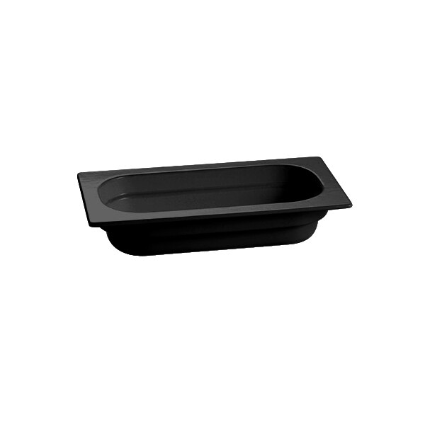 A black rectangular Tablecraft food pan with a rectangular edge.