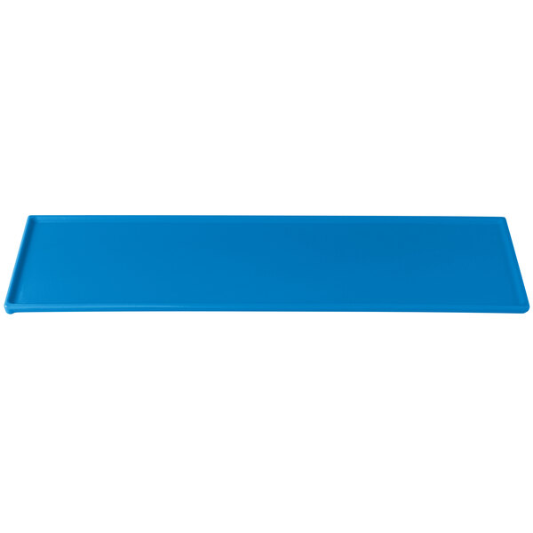 A sky blue rectangular cast aluminum cooling platter.