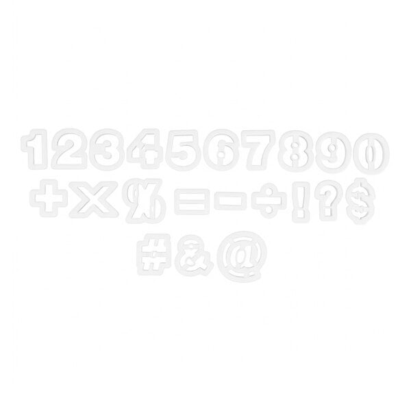A set of white plastic cutters shaped like numbers and various mathematical and punctuation symbols arranged in rows.