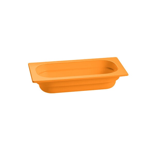 An orange rectangular Tablecraft cast aluminum food pan.