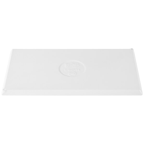 A white rectangular Tablecraft cast aluminum cooling platter.