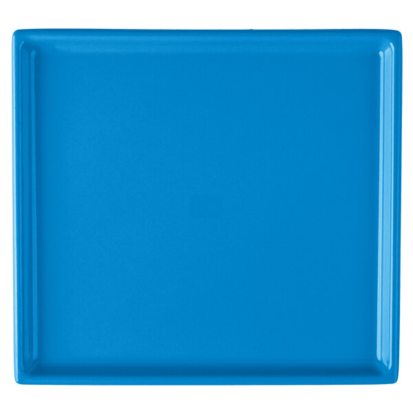 A sky blue rectangular cast aluminum platter with a white background.