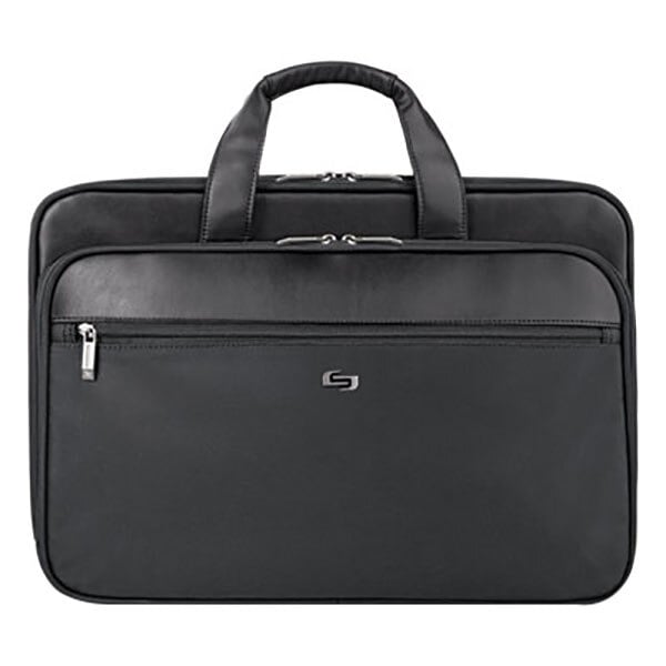 A close up of a black Solo Classic Smart Strap Briefcase with a handle.