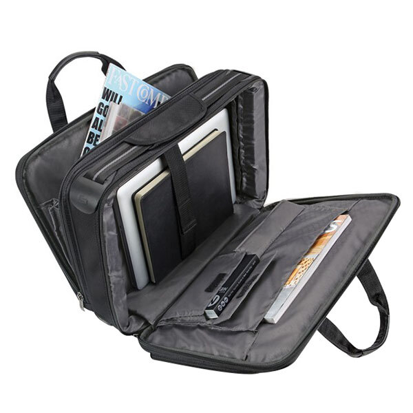 A black Solo Classic Smart Strap briefcase with a black strap and a tablet inside.