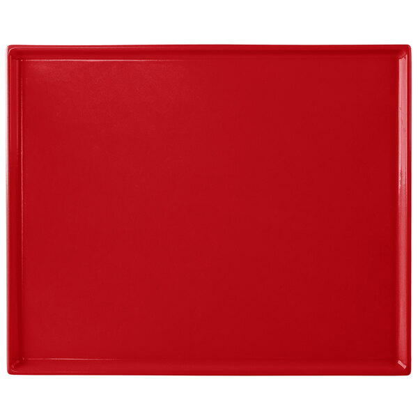 A red rectangular tray with a white border.