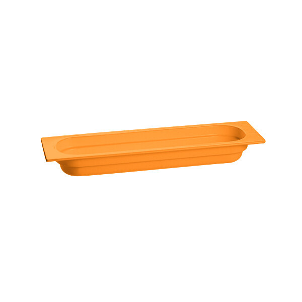 An orange rectangular Tablecraft cast aluminum food pan.