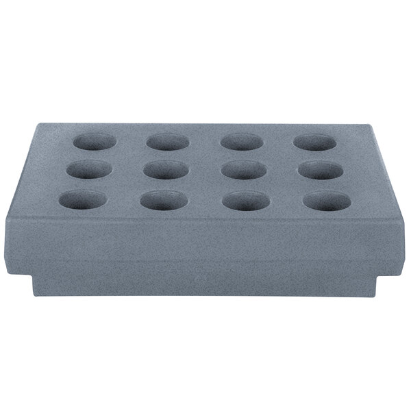 A gray rectangular Cambro cutlery rack with eight holes.