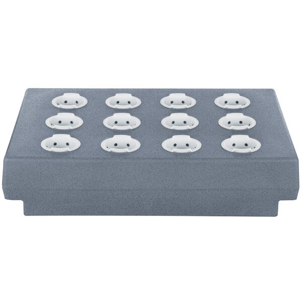 A grey rectangular Cambro cutlery rack with white holes.