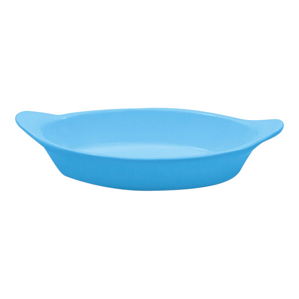 A sky blue Tablecraft oval server with shell handles.