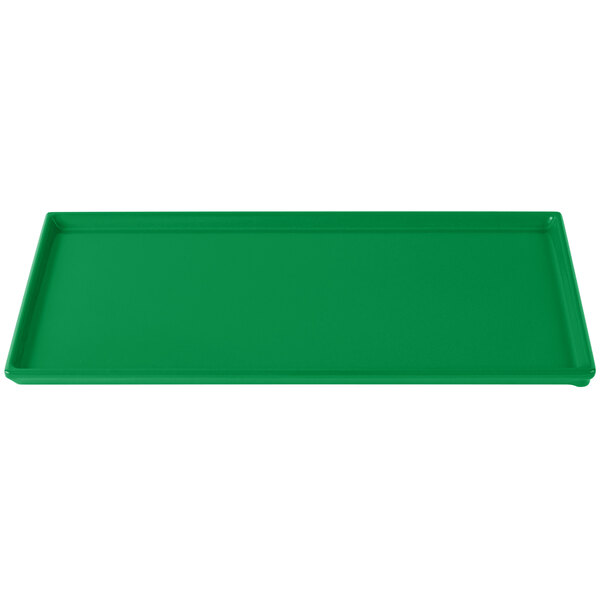 A green rectangular cast aluminum cooling platter with a white border.