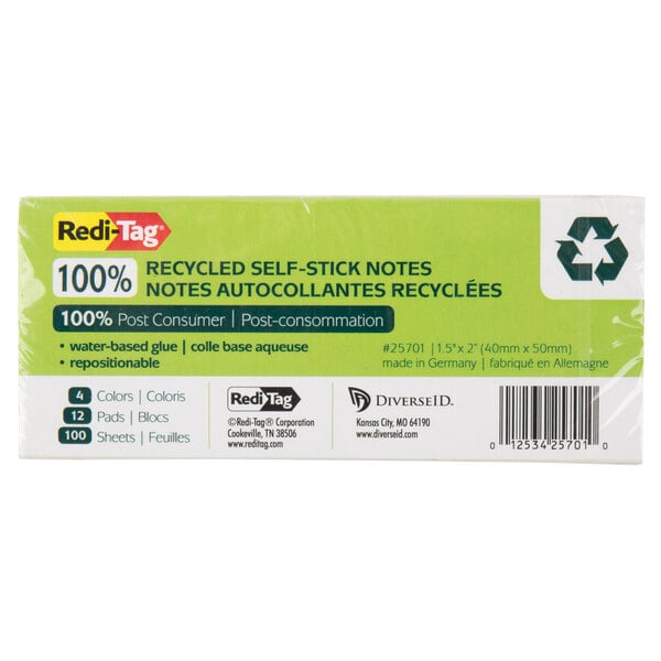 A close-up of a green package of Redi-Tag recycled paper sticky notes.