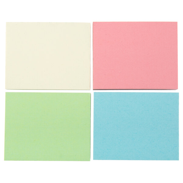 Red, blue, green, and pink square and rectangle sticky notes.