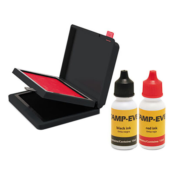 A close-up of a U. S. Stamp & Sign red and black two-color pre-inked stamp pad with ink refill.