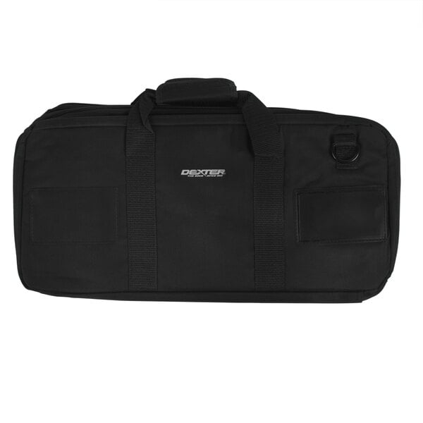 A black nylon Dexter-Russell cutlery case with straps and a zipper on the front.