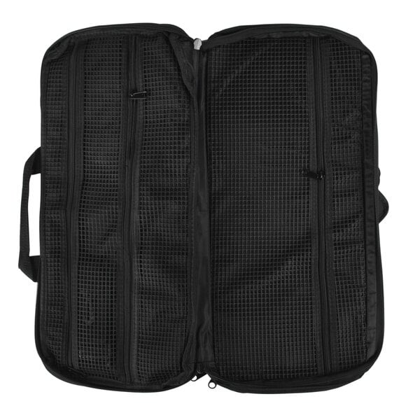 A black Dexter-Russell cutlery case with two compartments and zippers.