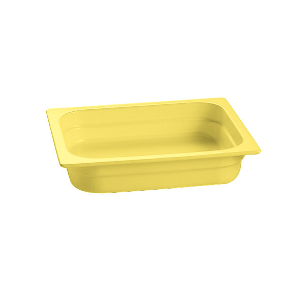 A yellow rectangular Tablecraft cast aluminum food pan.