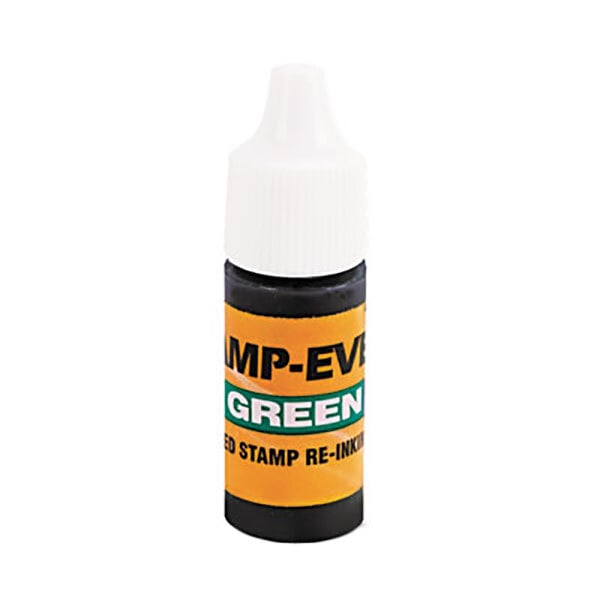 A close-up of a green Identity Group refill ink bottle with a white label.