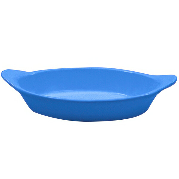 A cobalt blue Tablecraft oval server with shell handles.