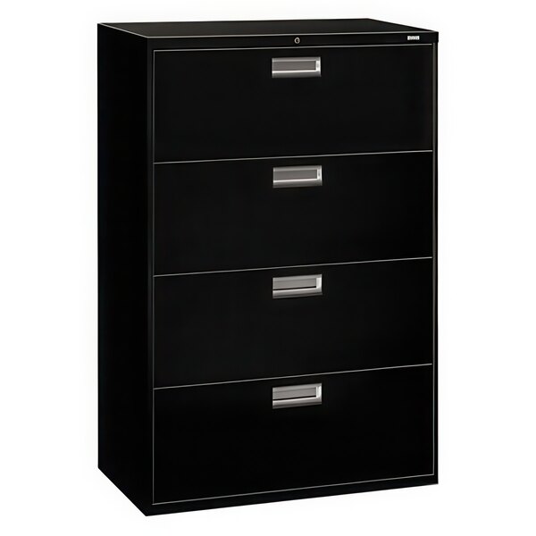 A black HON Brigade lateral filing cabinet with four drawers and silver handles.