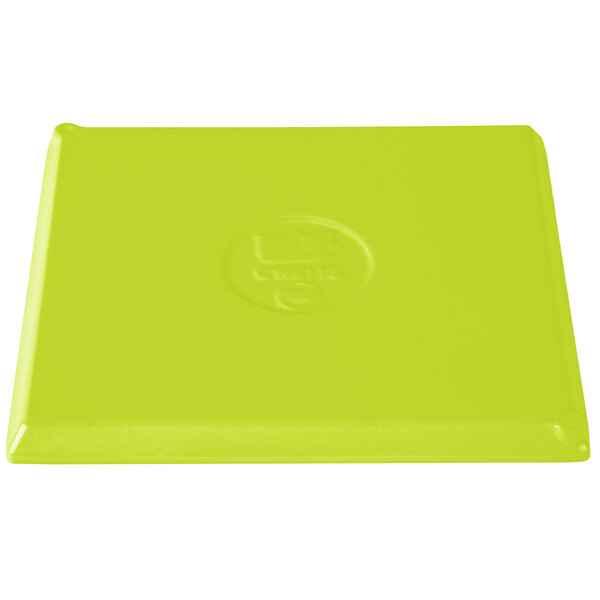 A lime green Tablecraft cast aluminum rectangular cooling platter.