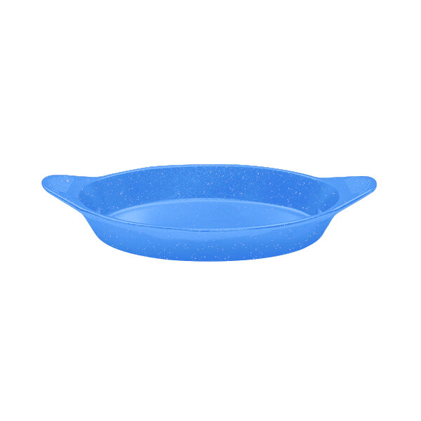 A blue oval cast aluminum server with shell handles.