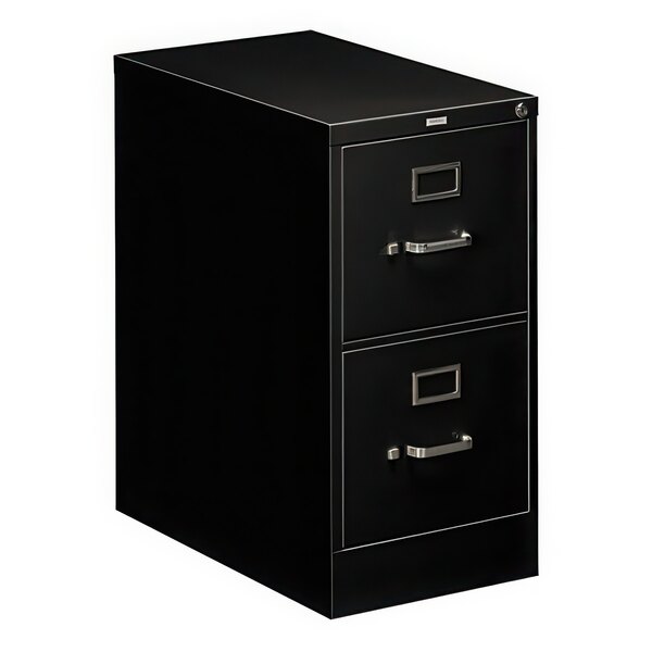 A black HON filing cabinet with two drawers and silver handles.