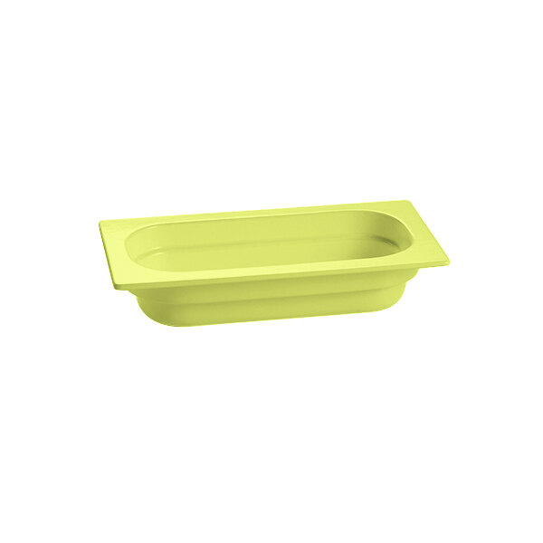 A lime green rectangular cast aluminum food pan.