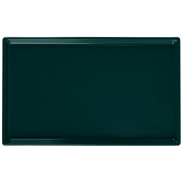A hunter green rectangular cast aluminum cooling platter with a black border.