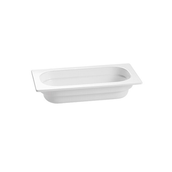 A white rectangular Tablecraft food pan.