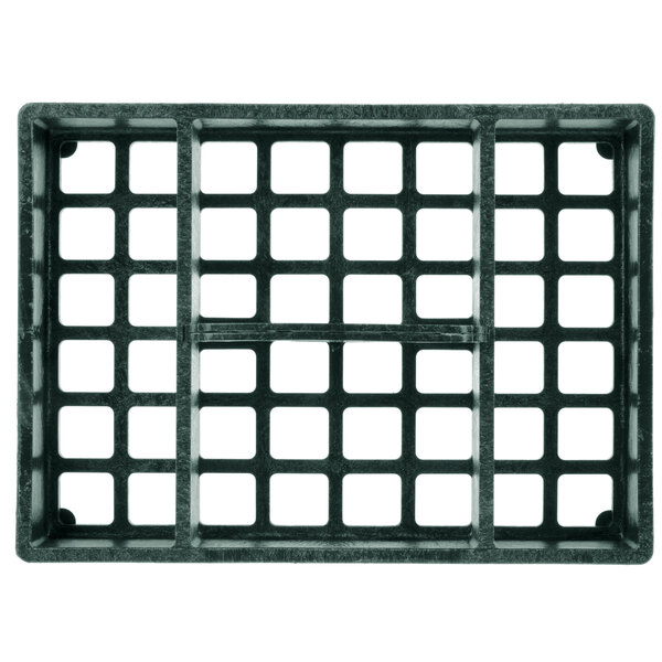 A white polyethylene square grid with black containers in it.