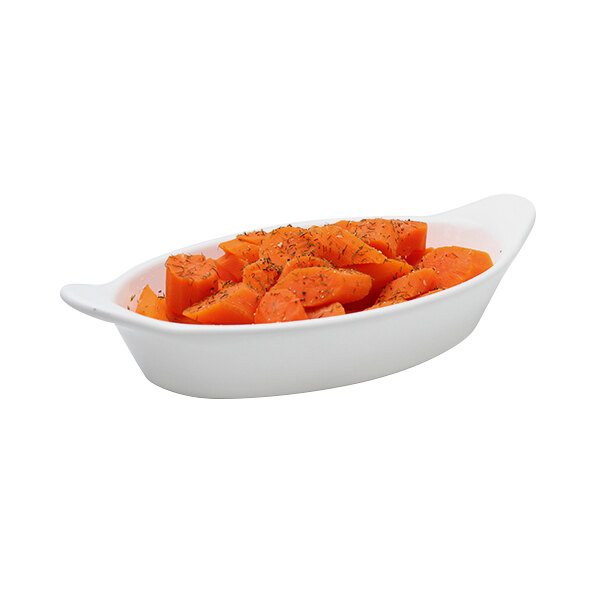 A white Tablecraft cast aluminum bowl with food in it.